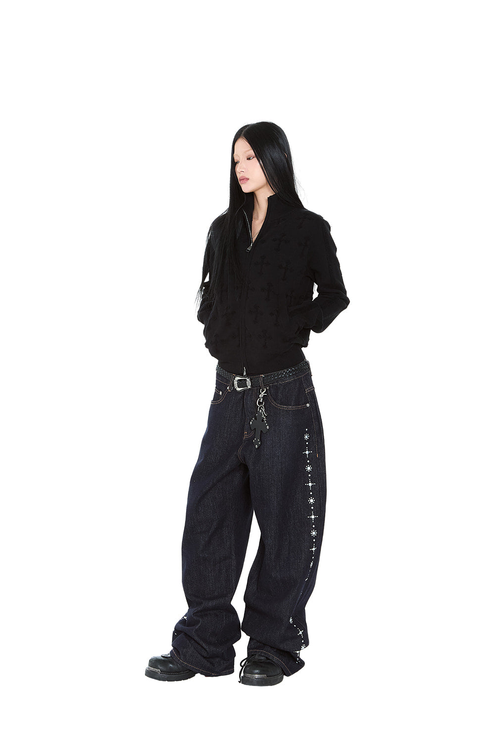 AAKAM Side Rhinestone Denim Pants (Dark Blue)