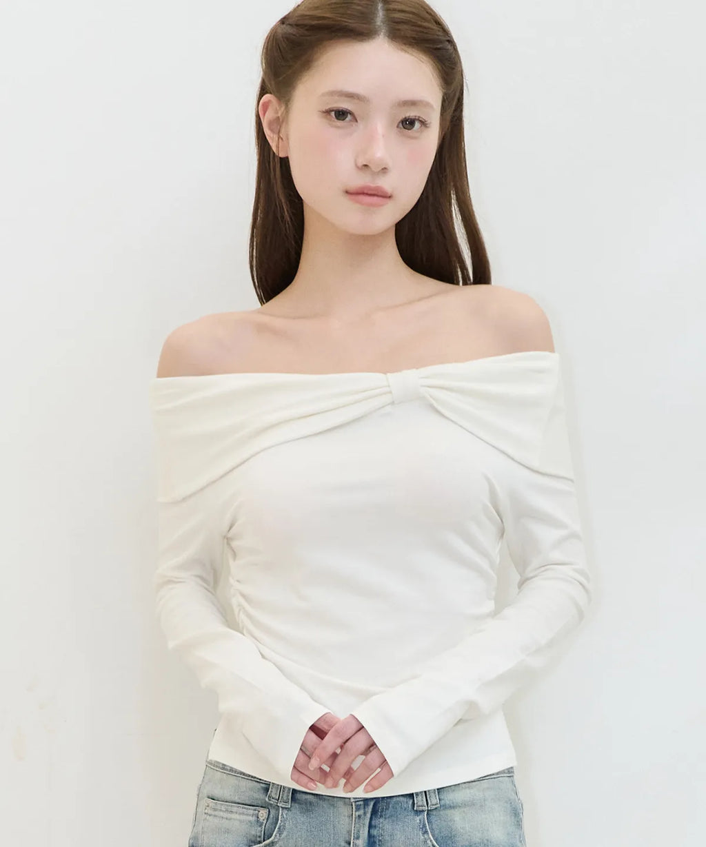 [illigo] BOW OFF SHOULDER LONG SLEEVE_WHITE