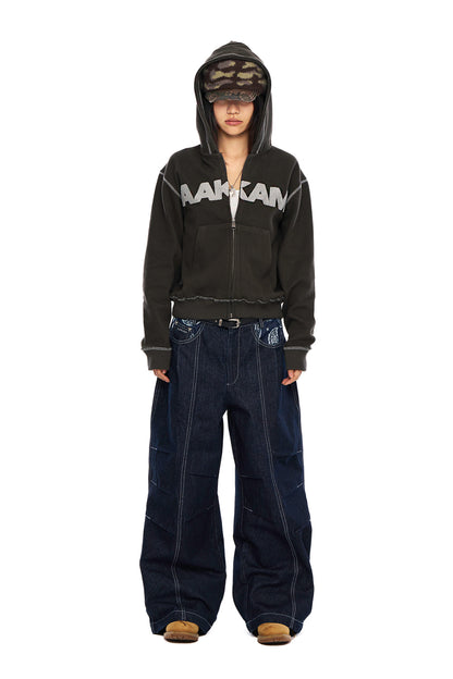 AAKAM Knee Pin-Tuck Paisley Denim Pants (Blue)