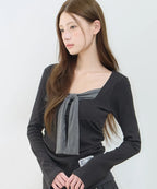 [illigo] LAYERED RIBBON TIE LONG SLEEVE_BLACK