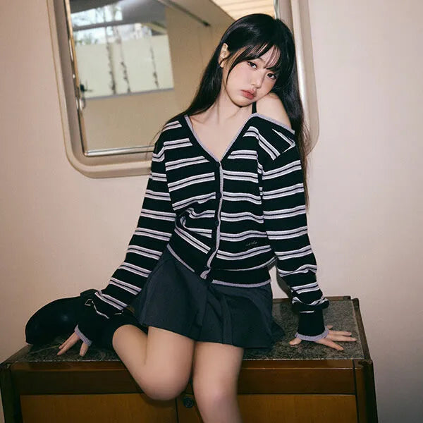 [rolarola] ONE OFF SHOULDER STRIPE WOOL BLENDED CARDIGAN - 4 COLORS
