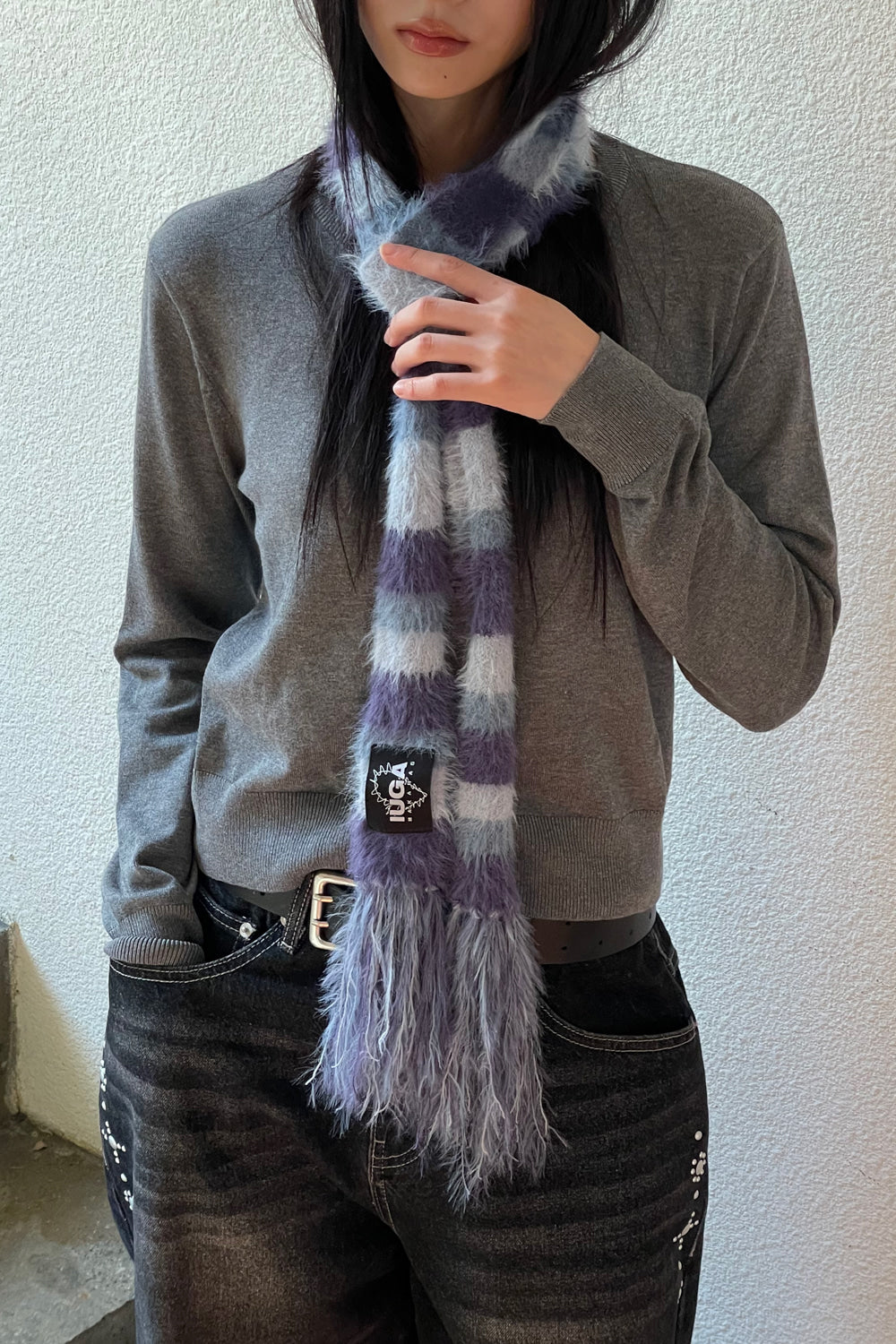 IUGA Striped Hairy Skinny Muffler (Light Purple)