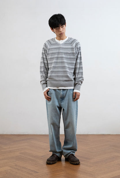 MULTI STRIPE 3STAR V NECK KNIT [GREY]