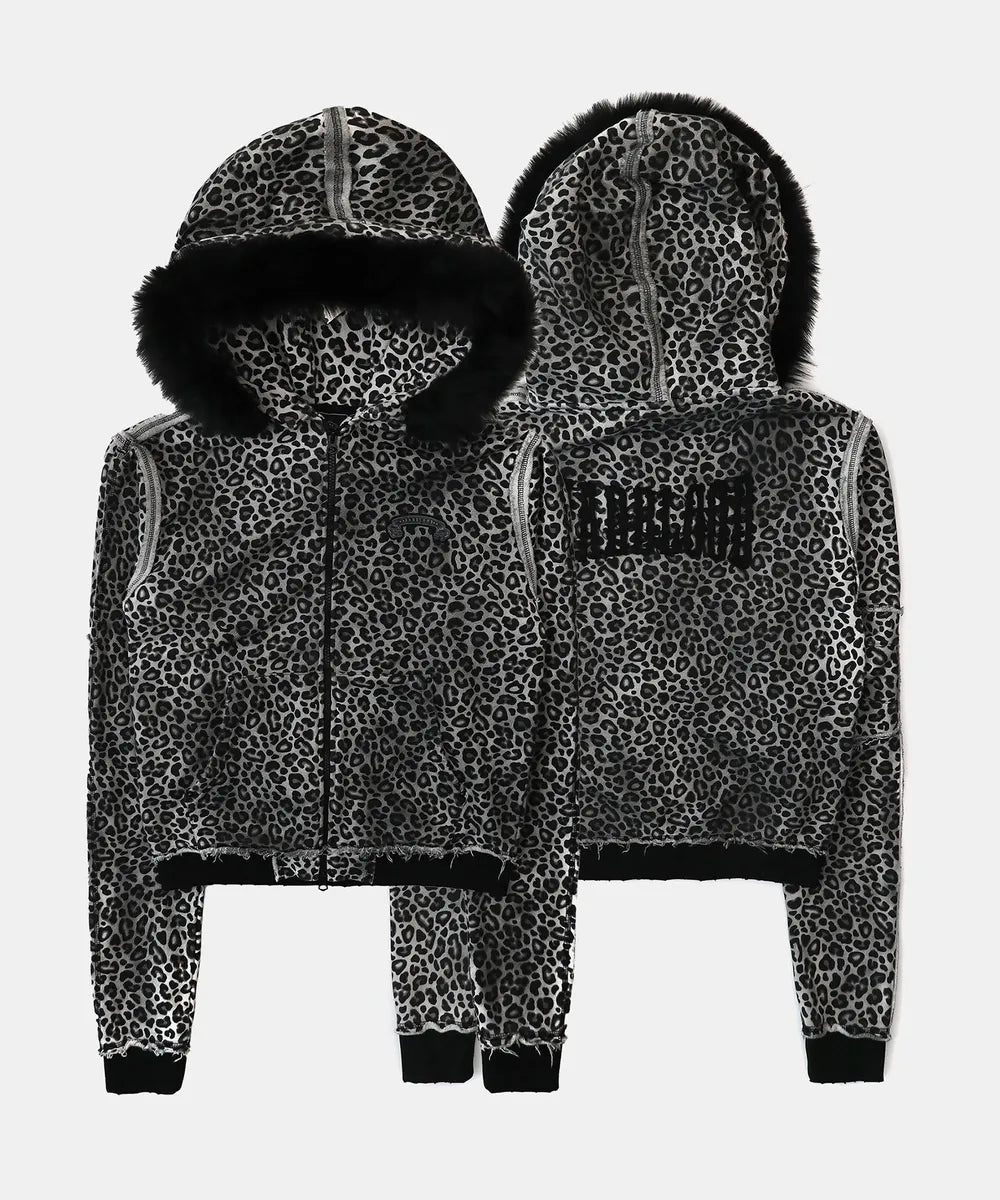 Low Edge Detachable Fur Hood Zip-Up Slim Fit - White Leopard