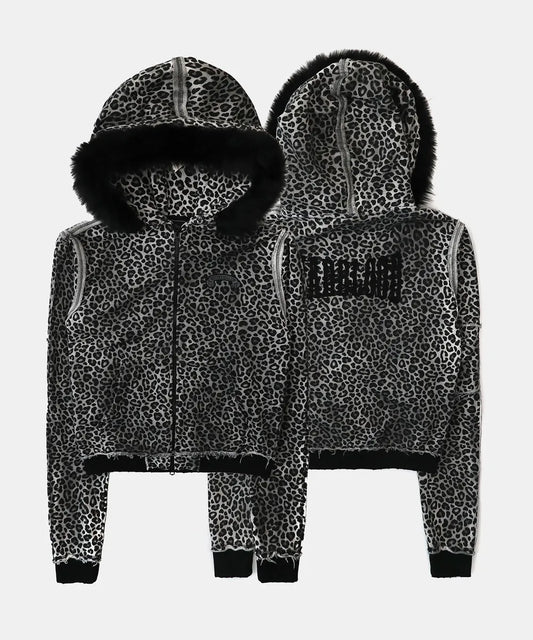 Low Edge Detachable Fur Hood Zip-Up Slim Fit - White Leopard