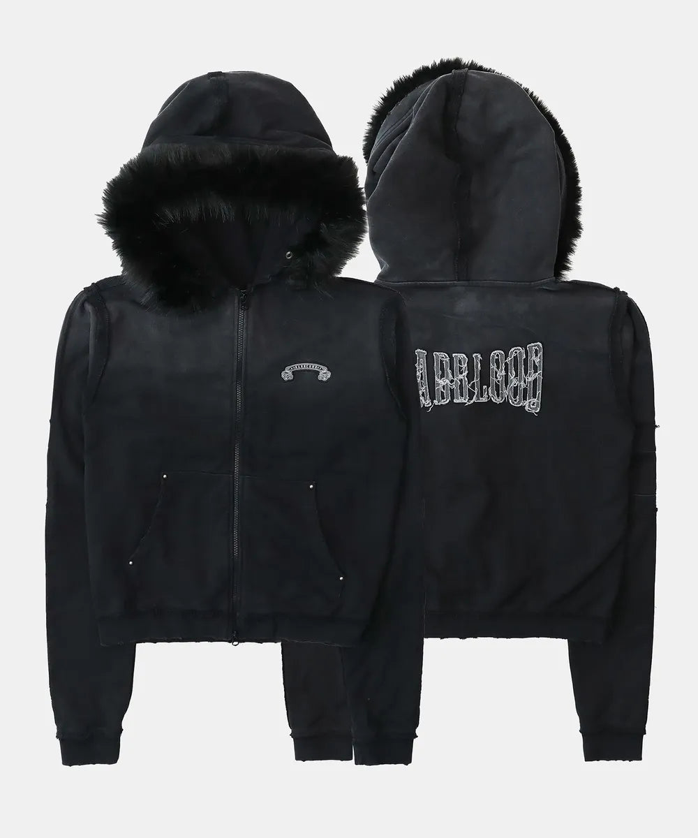 Low Edge Detachable Fur Hood Zip-Up Slim Fit - Washed Black