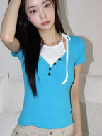 Foman Button Collar V-Neck Short Sleeve T-Shirt (4 Colors)
