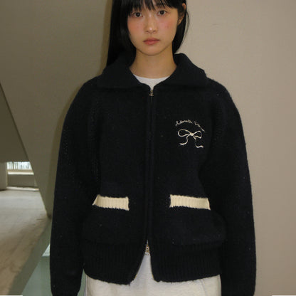 RONRON BACK HEART RIBBON COWICHAN KNIT ZIP UP / BLACK