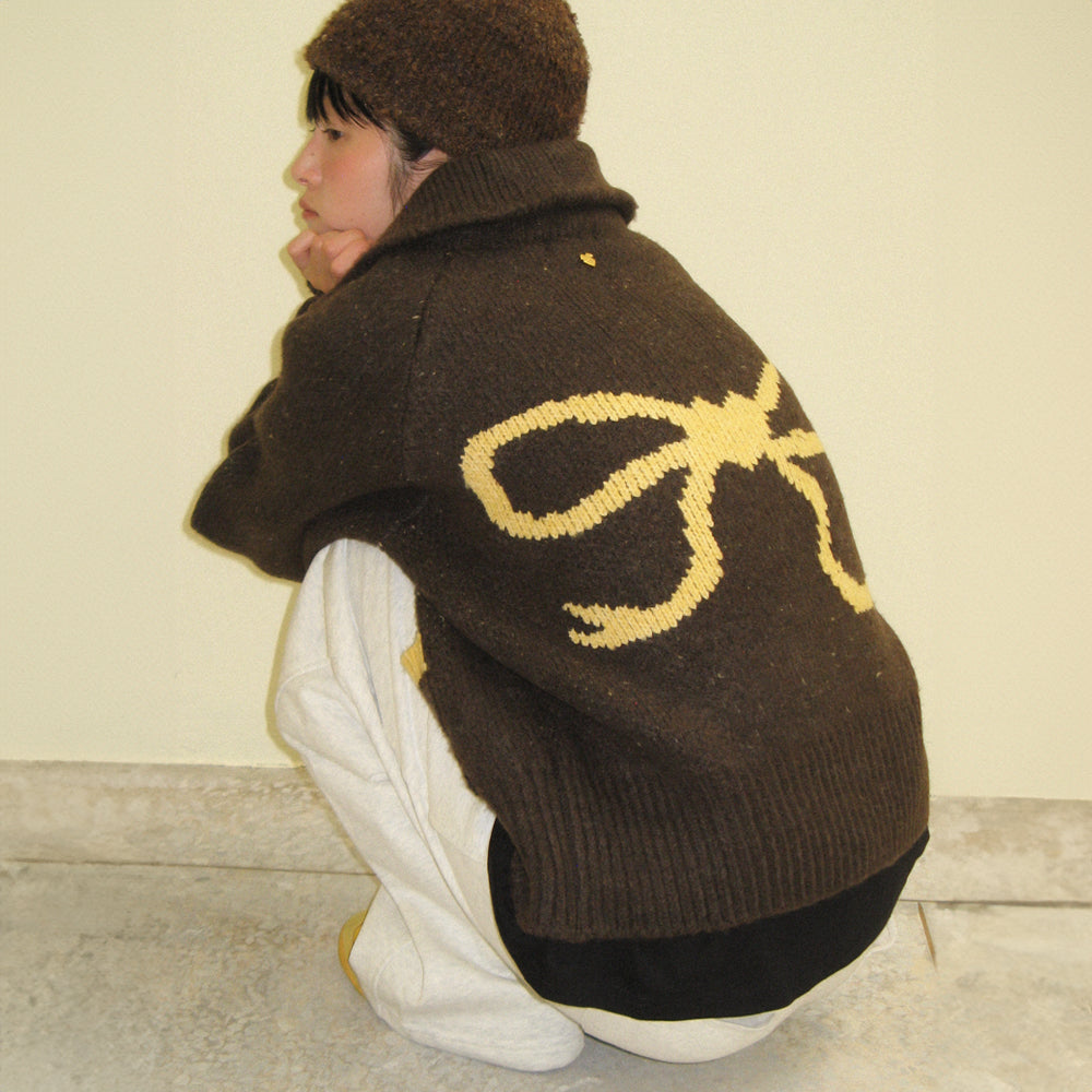 RONRON BACK HEART RIBBON COWICHAN KNIT ZIP UP / BROWN YELLOW