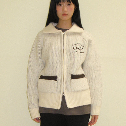 RONRON BACK HEART RIBBON COWICHAN KNIT ZIP UP / IVORY BROWN