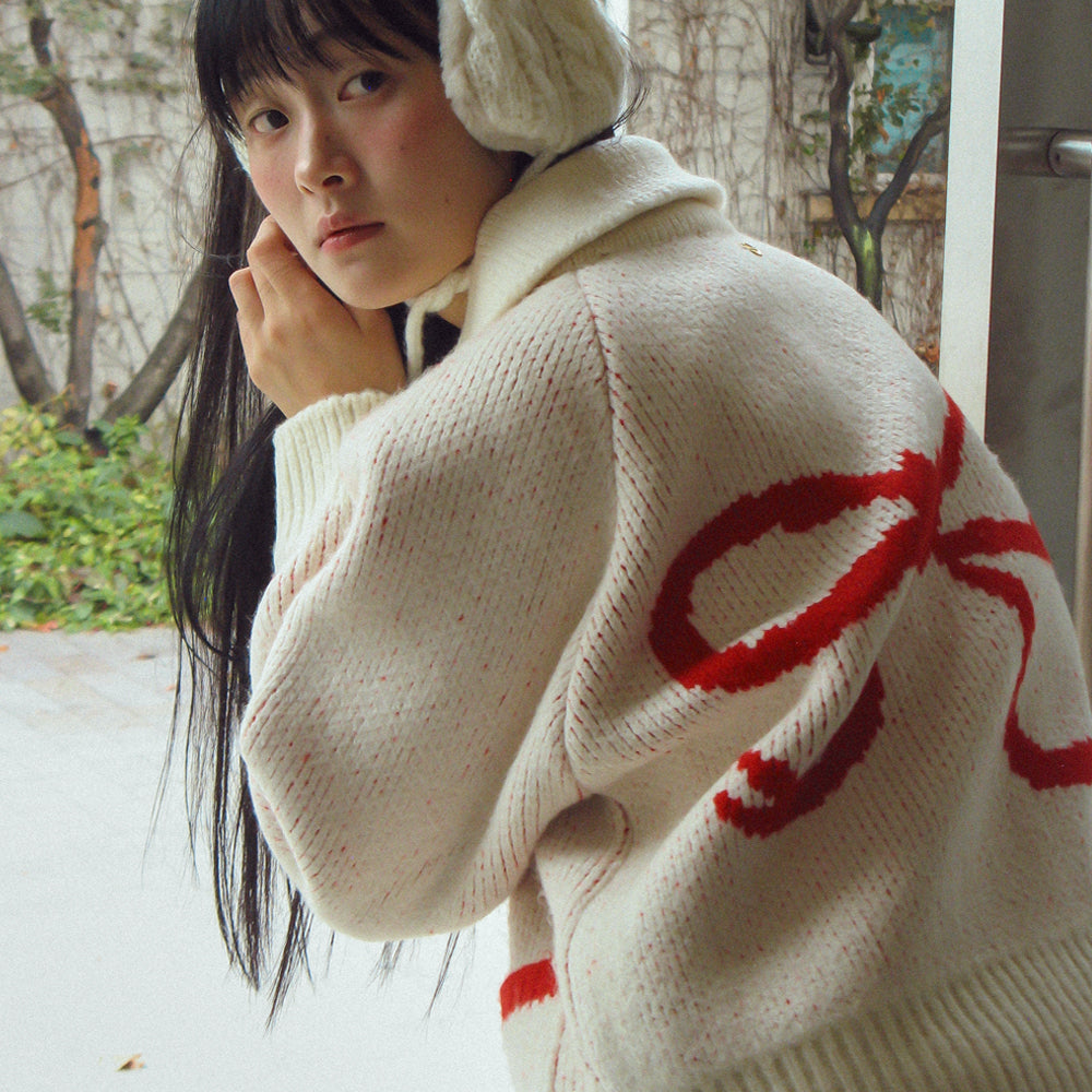 RONRON BACK HEART RIBBON COWICHAN KNIT ZIP UP / IVORY RED