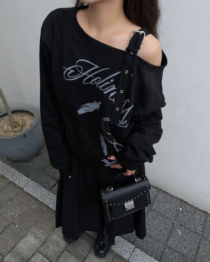 NASTY FANCY CLUB One-Shoulder Buckle Sweatshirt / black