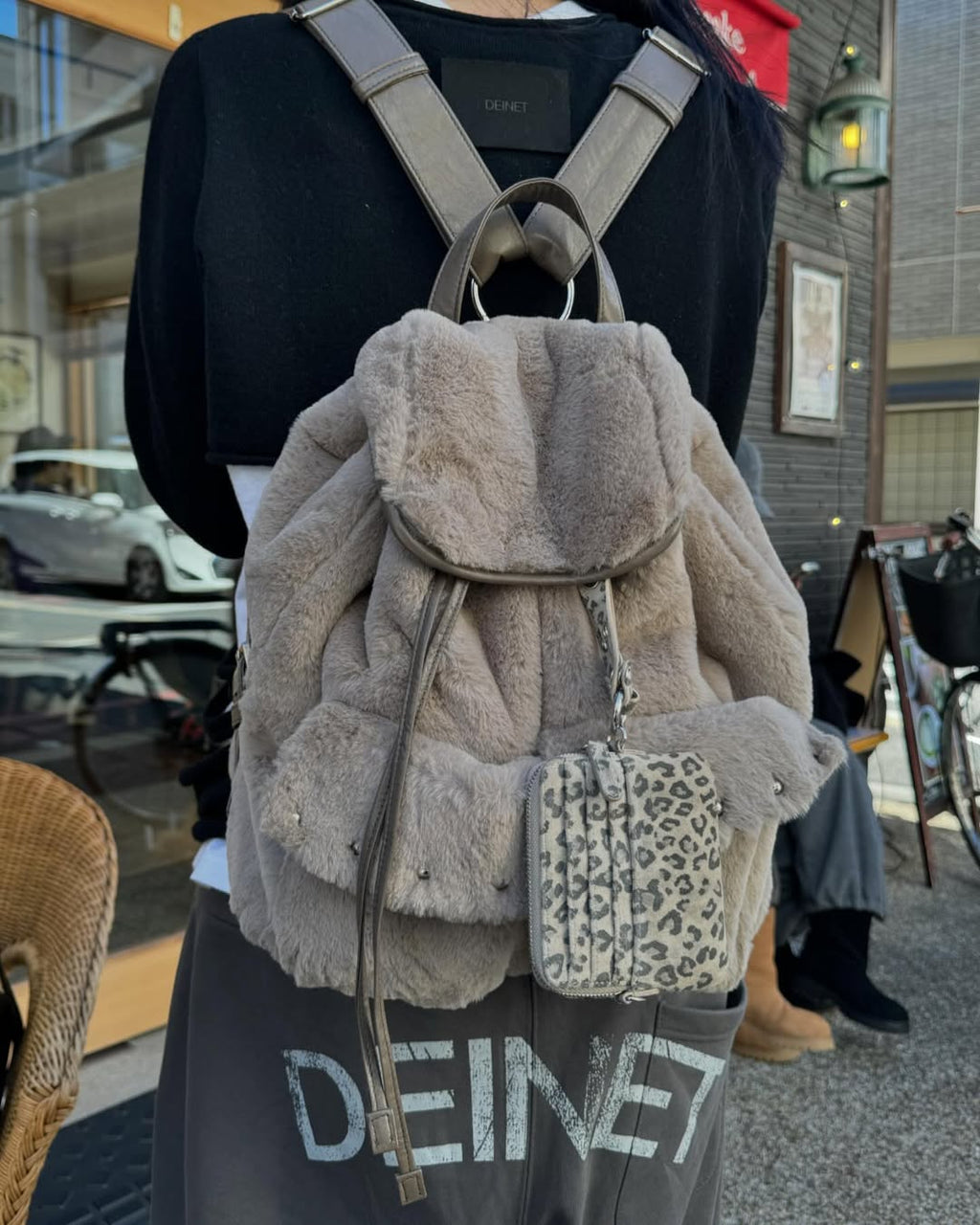 DEINET POM POM FUR BACKPACK IN MOCHA