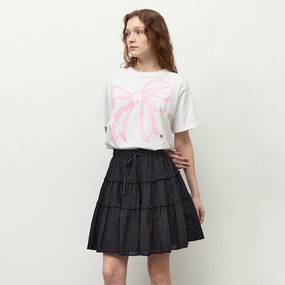 RONRON BIG RIBBON LINE T SHIRT - WHITE PINK