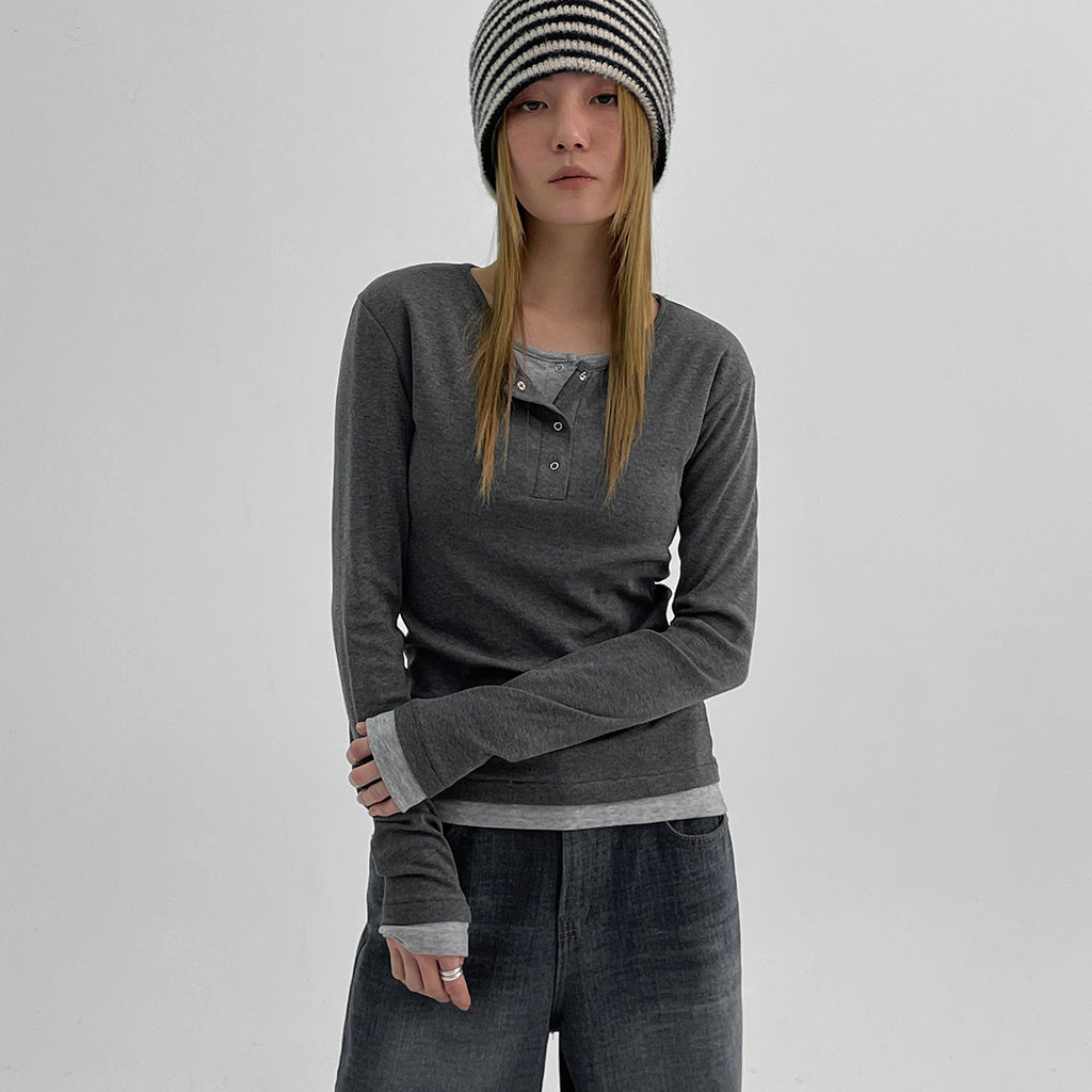 韓國製造 Brushed Layered Snap Long Sleeve Tee / 5colors