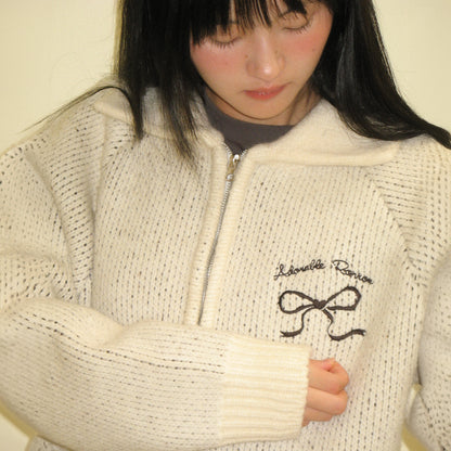 RONRON BACK HEART RIBBON COWICHAN KNIT ZIP UP / IVORY BROWN