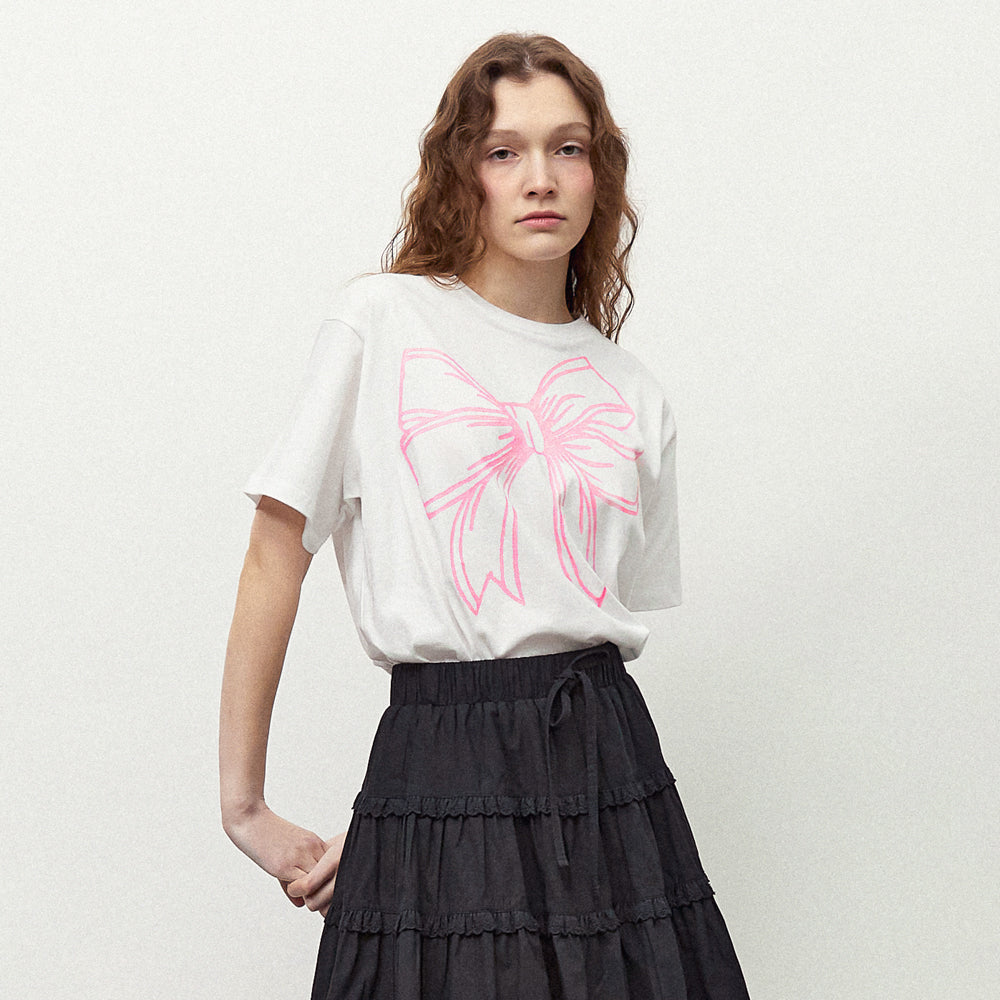 RONRON BIG RIBBON LINE T SHIRT - WHITE PINK