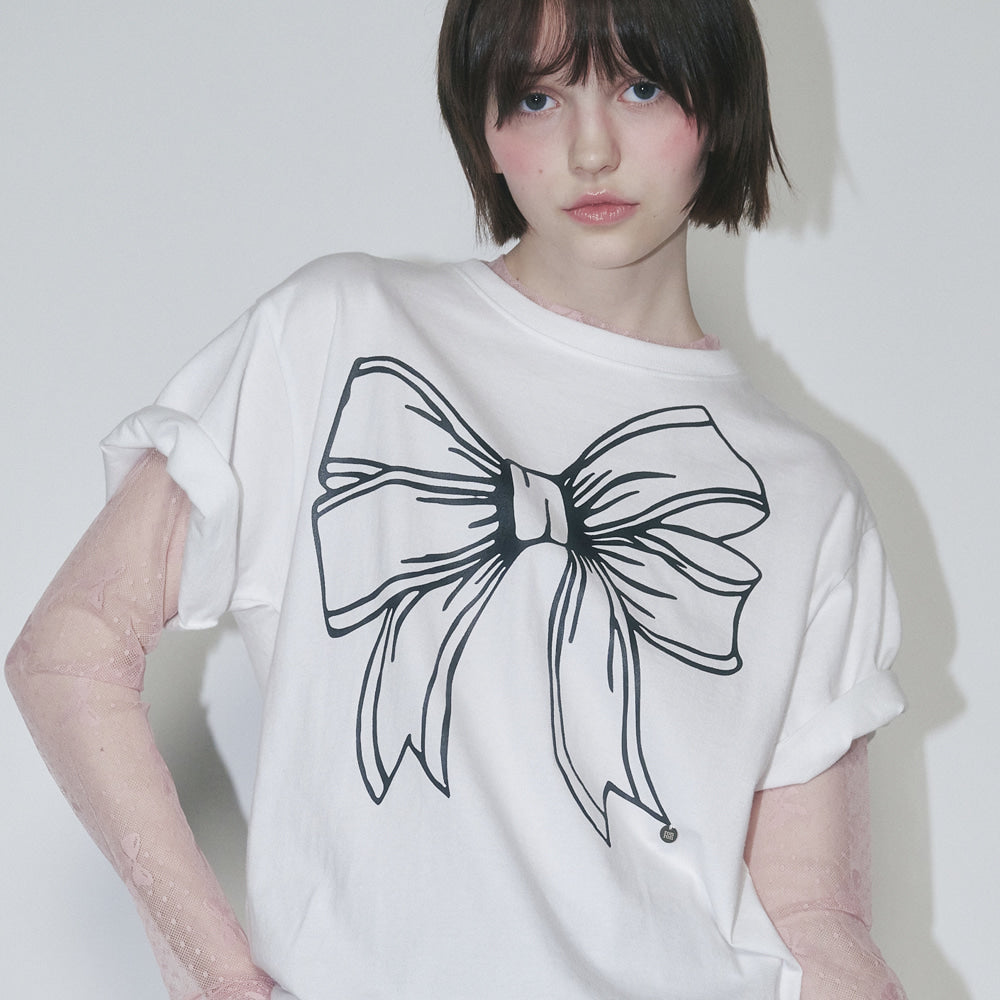 RONRON BIG RIBBON LINE T SHIRT - WHITE BLACK