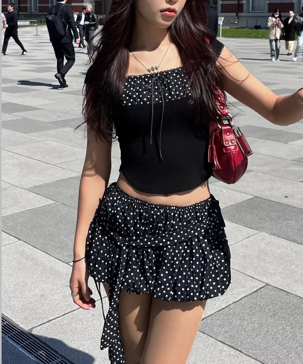 Dot Square Crop Top [Black]