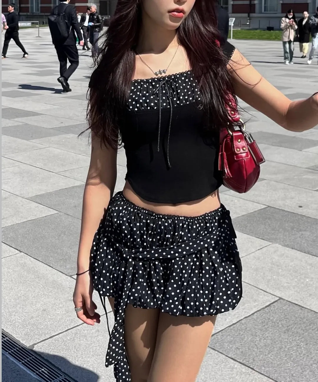 Dot Square Crop Top [Black]