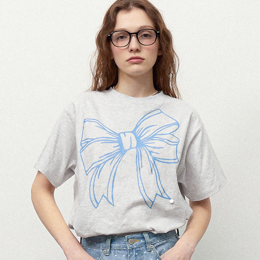 RONRON BIG RIBBON LINE T SHIRT - WHITE MELANGE