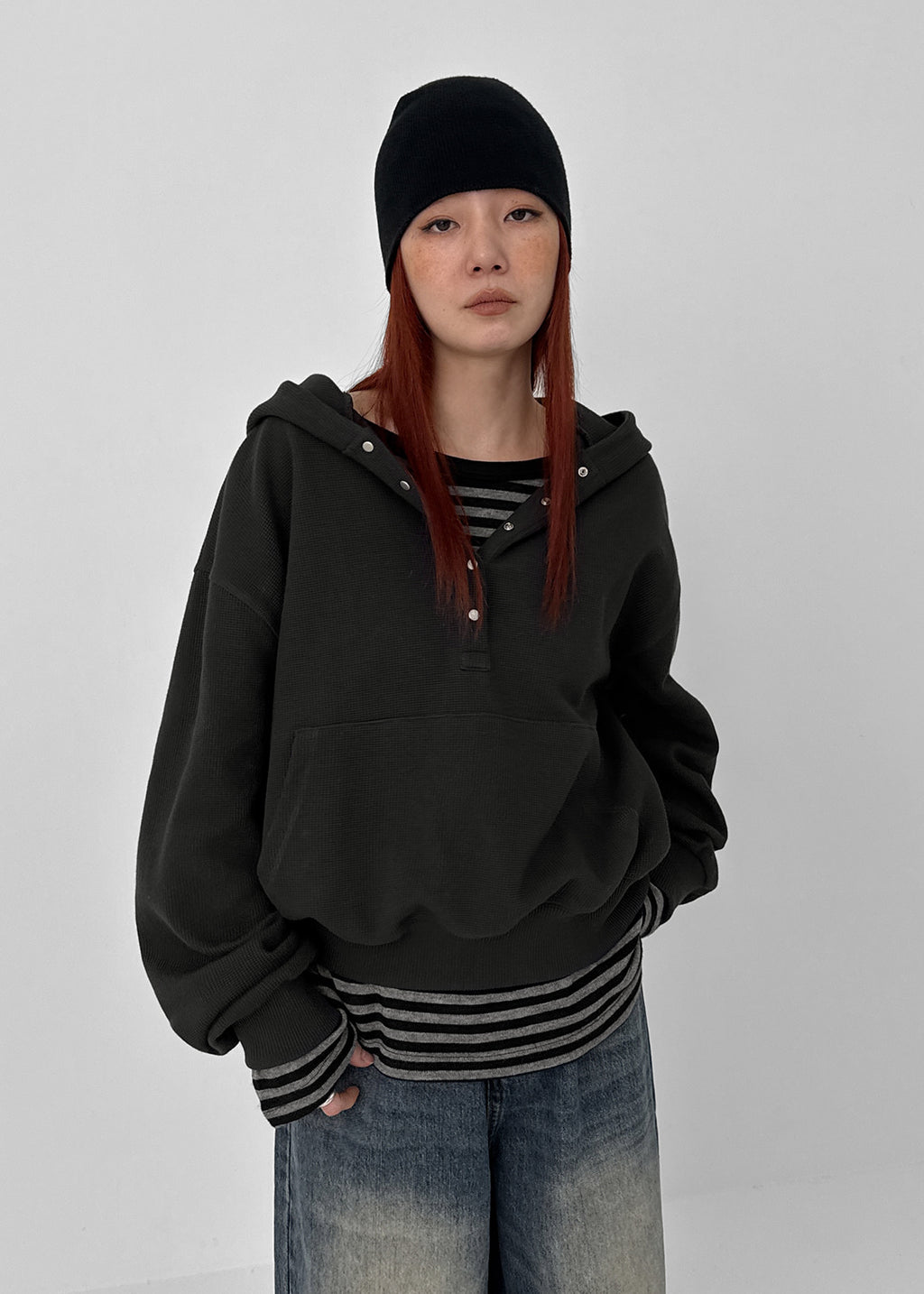 BLACKUP Moite Waffle Snap Hoodie - 2colors