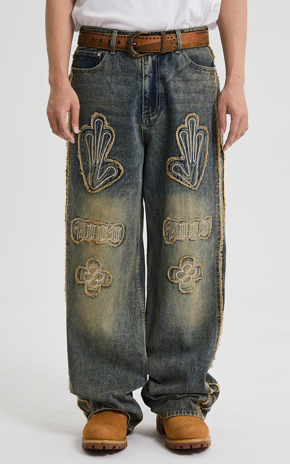 HOODHOOD Multi Logo Applique Yellow Washed Denim Pants / Deep Blue