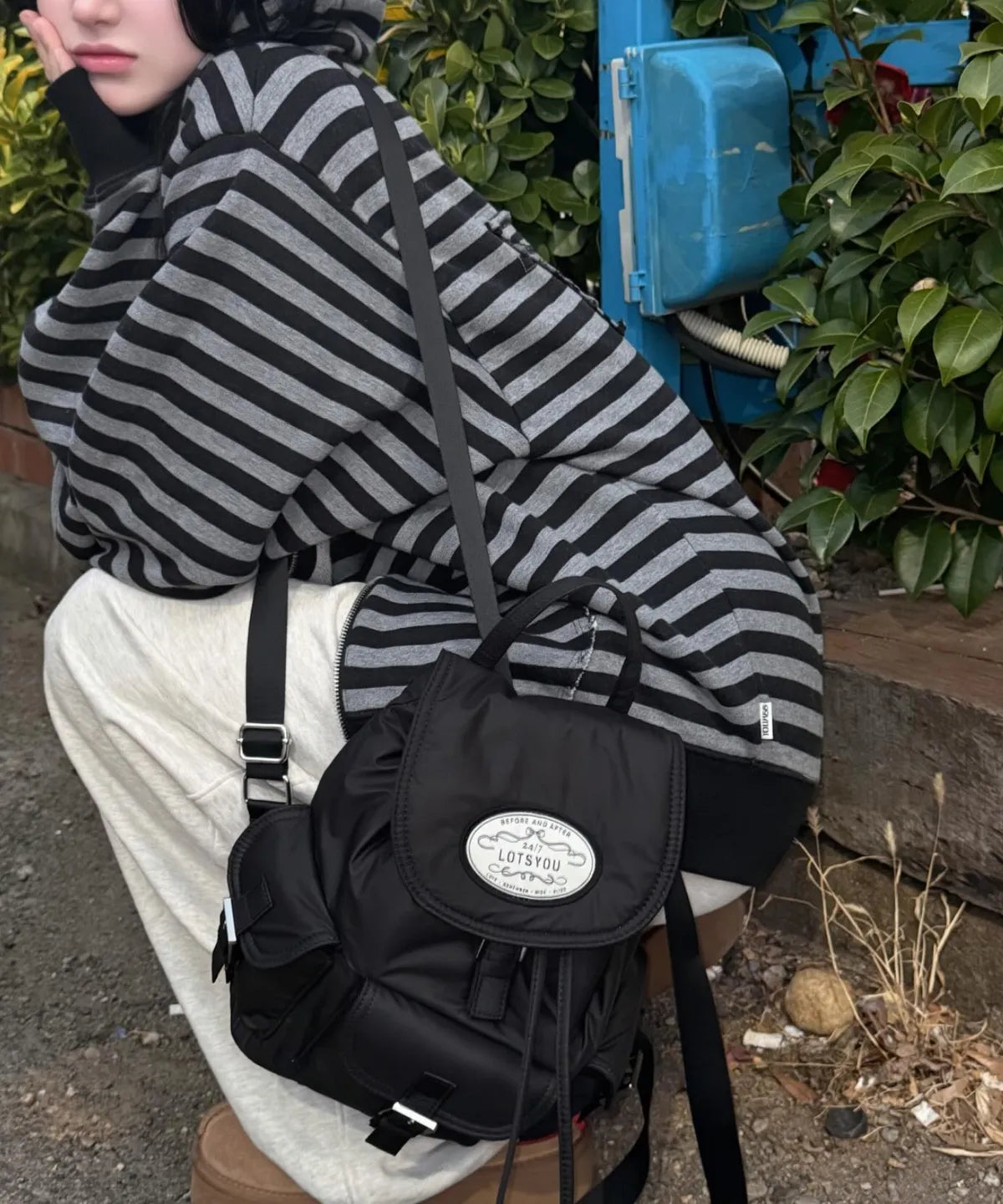 [Jennie同款🎀] [lotsyou] Nostalgia Chubby Backpack - Nylon Black