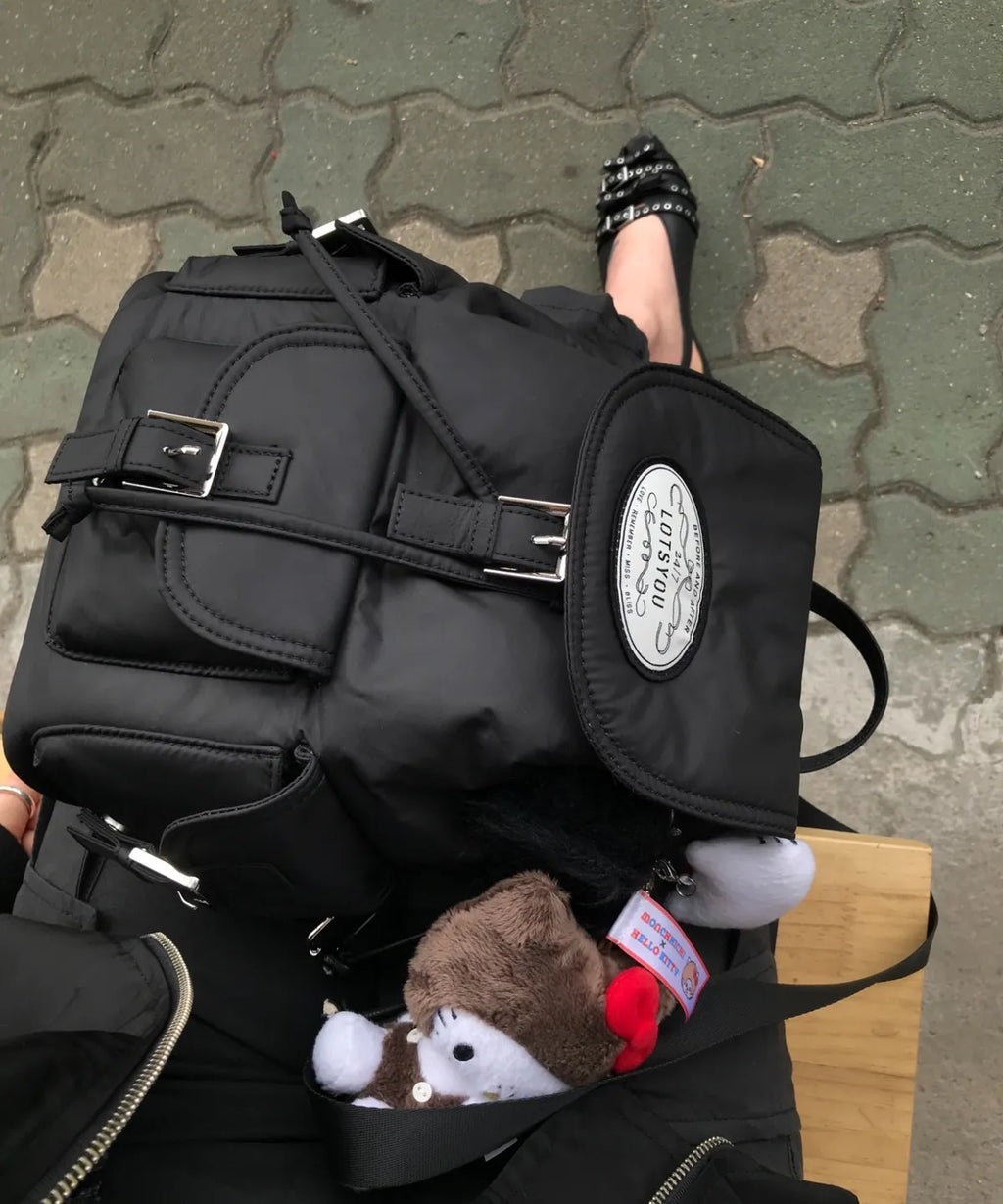 [Jennie同款🎀] [lotsyou] Nostalgia Chubby Backpack - Nylon Black