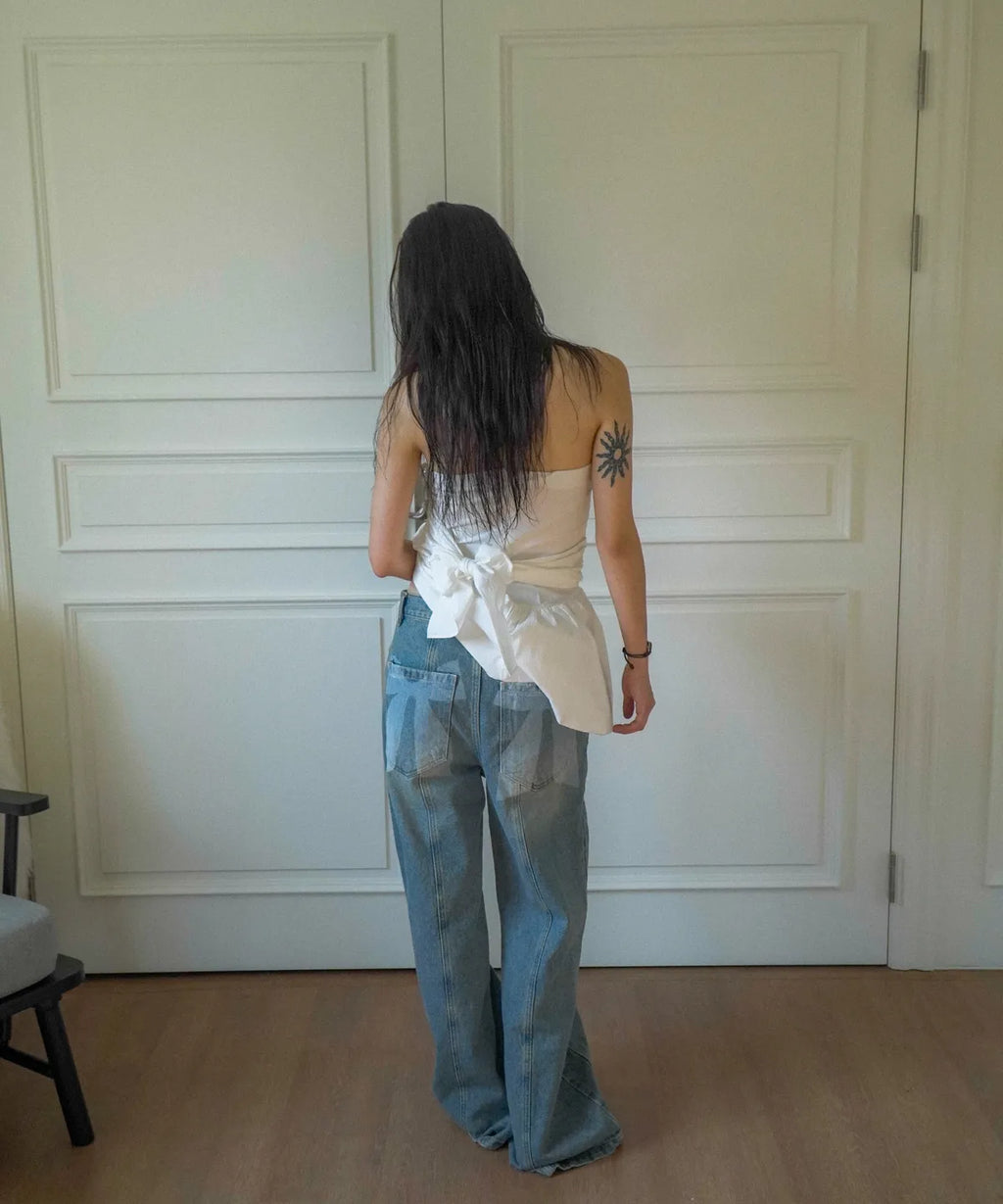 Ribbon Denim Pants (Sand Blue)