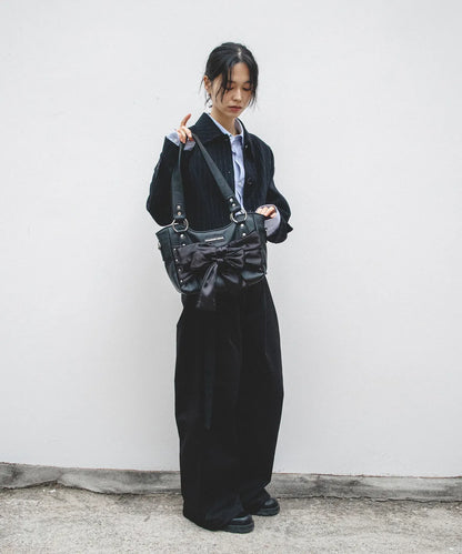 Laced Ribbon Leather Shoulder Bag (Black)