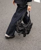 Laced Ribbon Leather Shoulder Bag (Black)