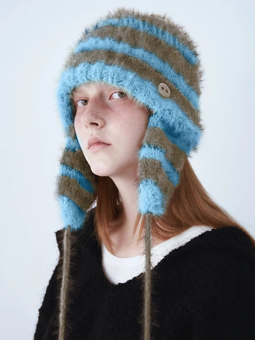 2WAY EAR FLAP BEANIE STRIPE BLUE MIX