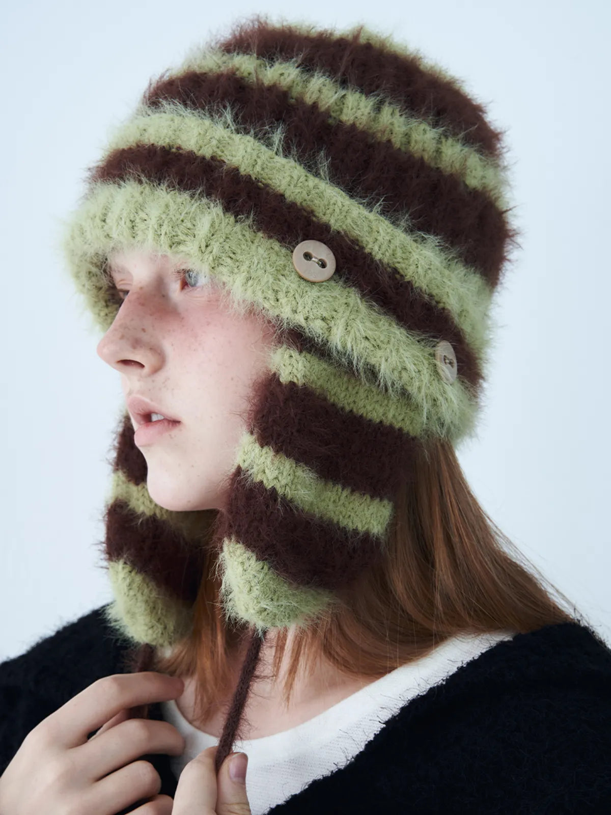 2WAY EAR FLAP BEANIE STRIPE GREEN MIX