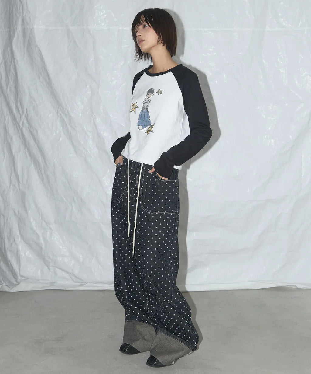 NASTY FANCY CLUB STRING DOT ROLL-UP PANTS / BLACK