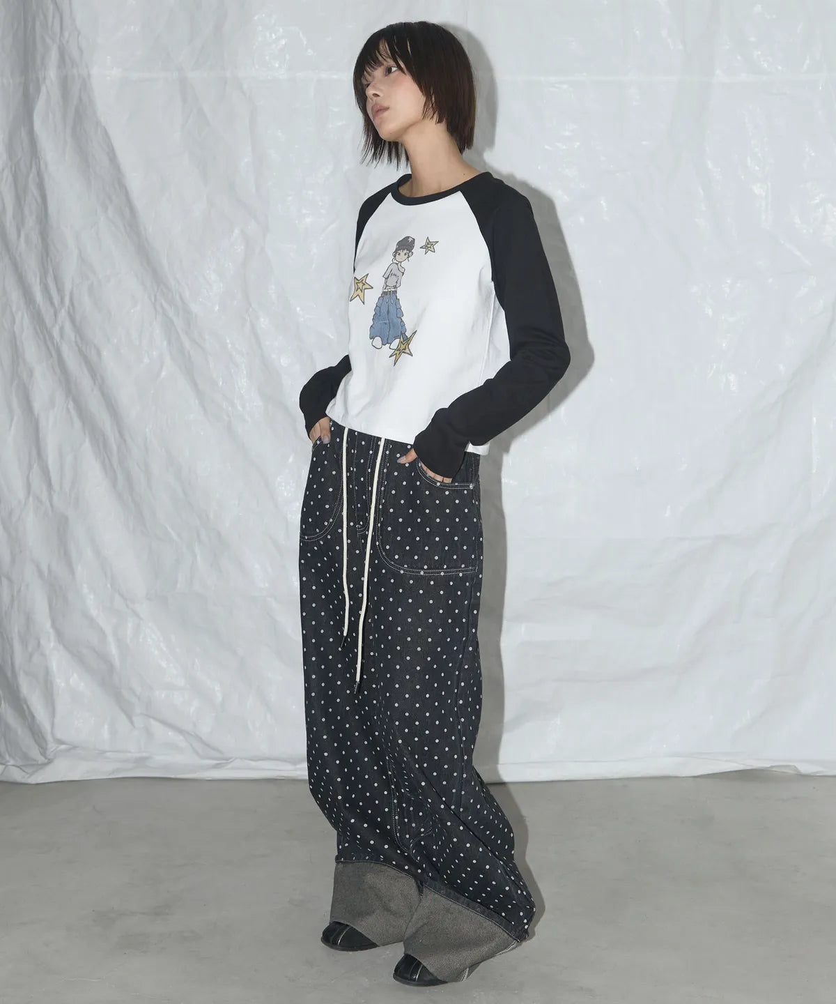 NASTY FANCY CLUB STRING DOT ROLL-UP PANTS / BLACK