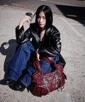 IUGA STUDDED LEATHER SHOULDER BAG / BURGUNDY