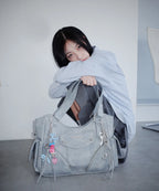 IUGA STUDDED LEATHER SHOULDER BAG / SKY BLUE