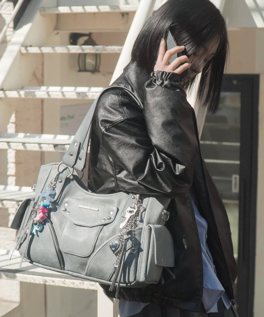 IUGA STUDDED LEATHER SHOULDER BAG / SKY BLUE