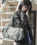 IUGA STUDDED LEATHER SHOULDER BAG / SKY BLUE