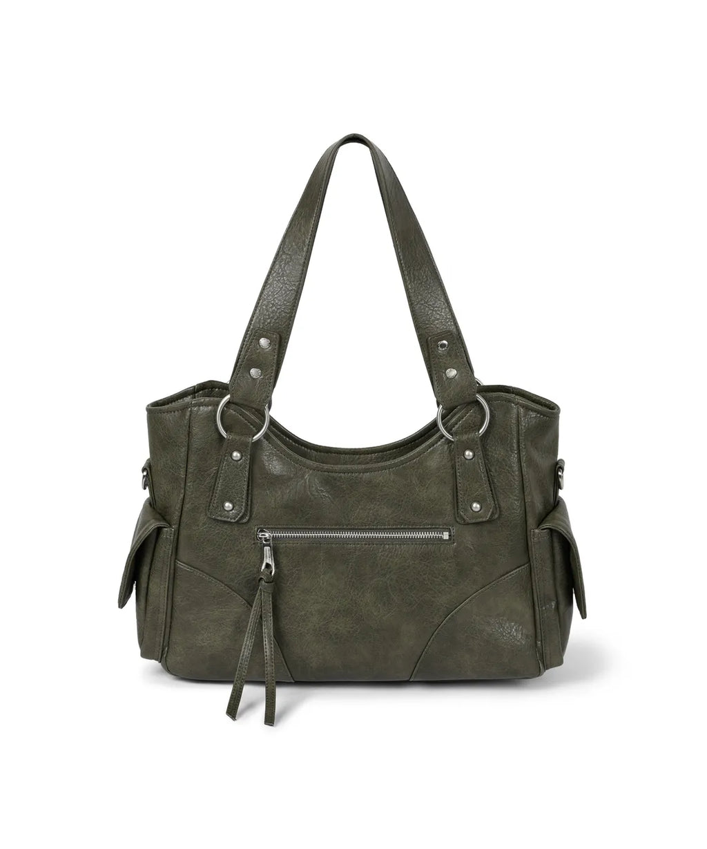 IUGA STUDDED LEATHER SHOULDER BAG / KHAKI