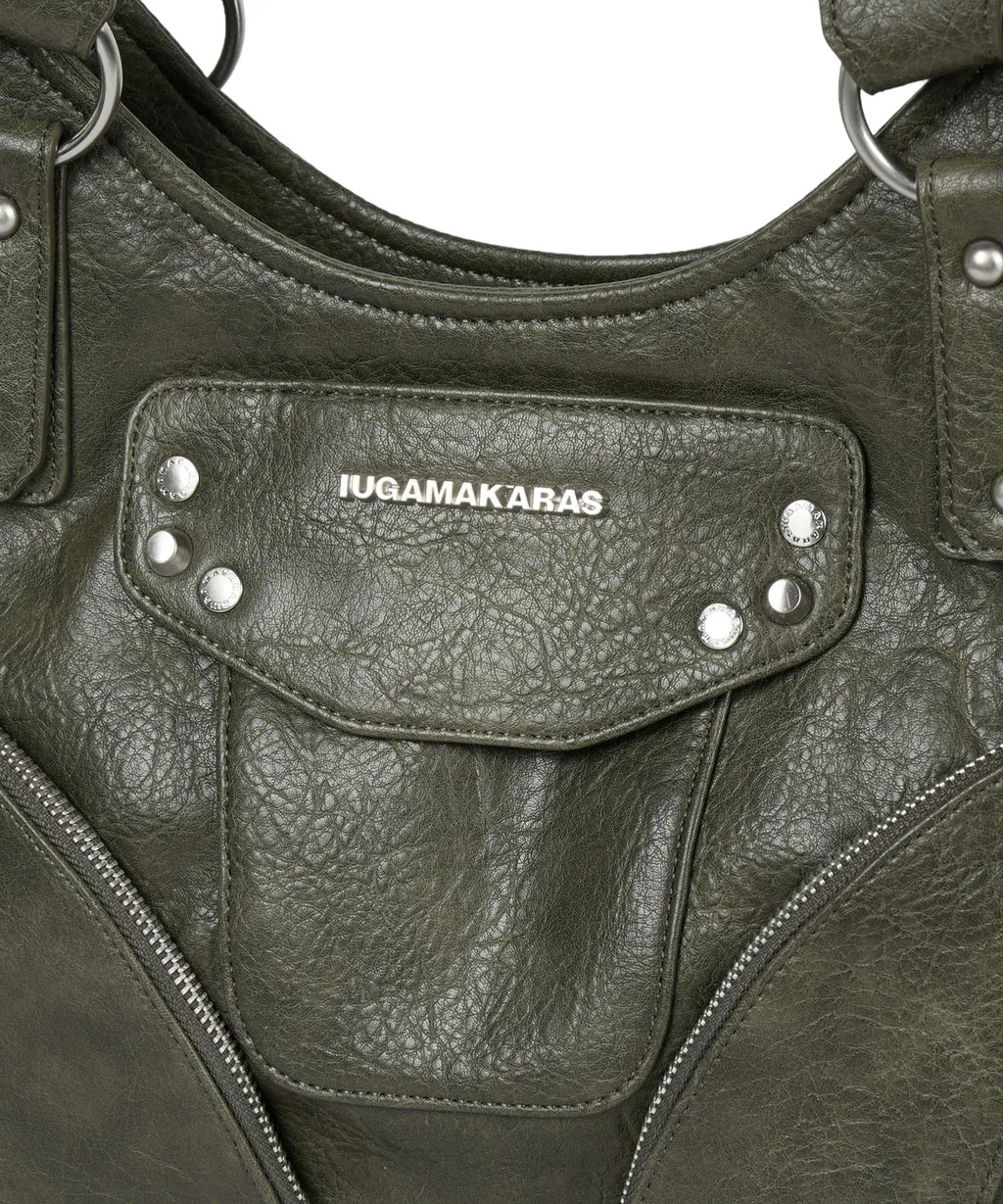 IUGA STUDDED LEATHER SHOULDER BAG / KHAKI