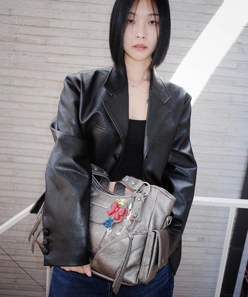 IUGA STUDDED LEATHER SHOULDER BAG / SILVER