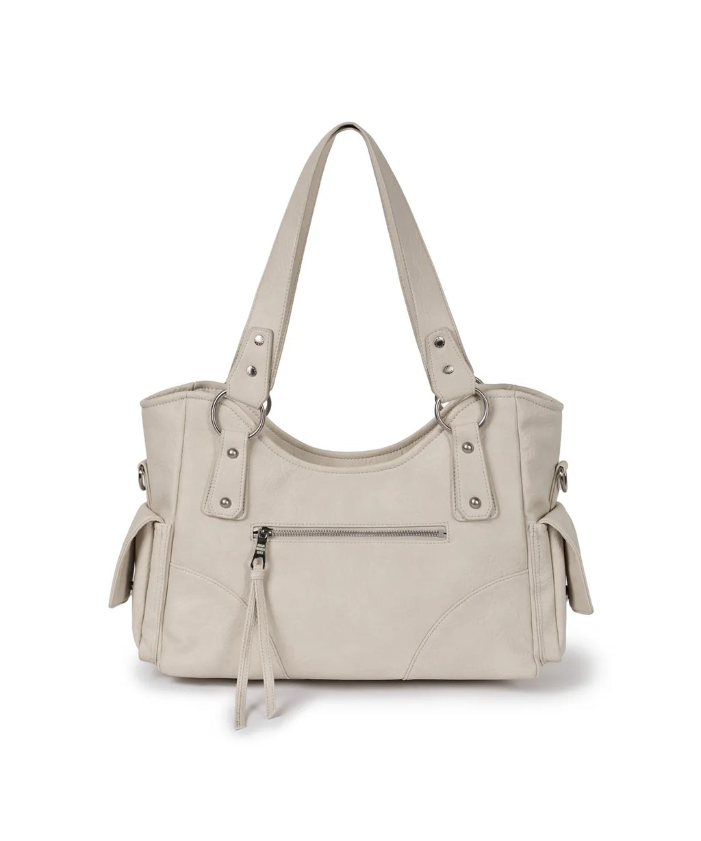 IUGA STUDDED LEATHER SHOULDER BAG / CREAMY