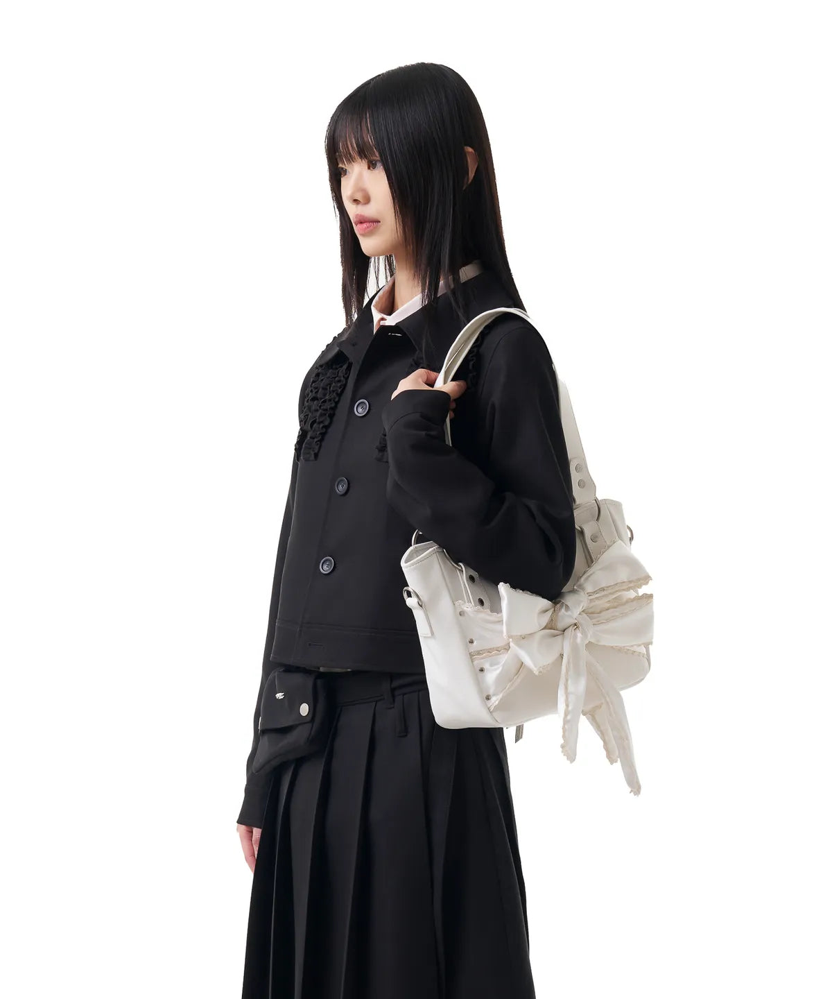 Laced Ribbon Leather Shoulder Bag (White)