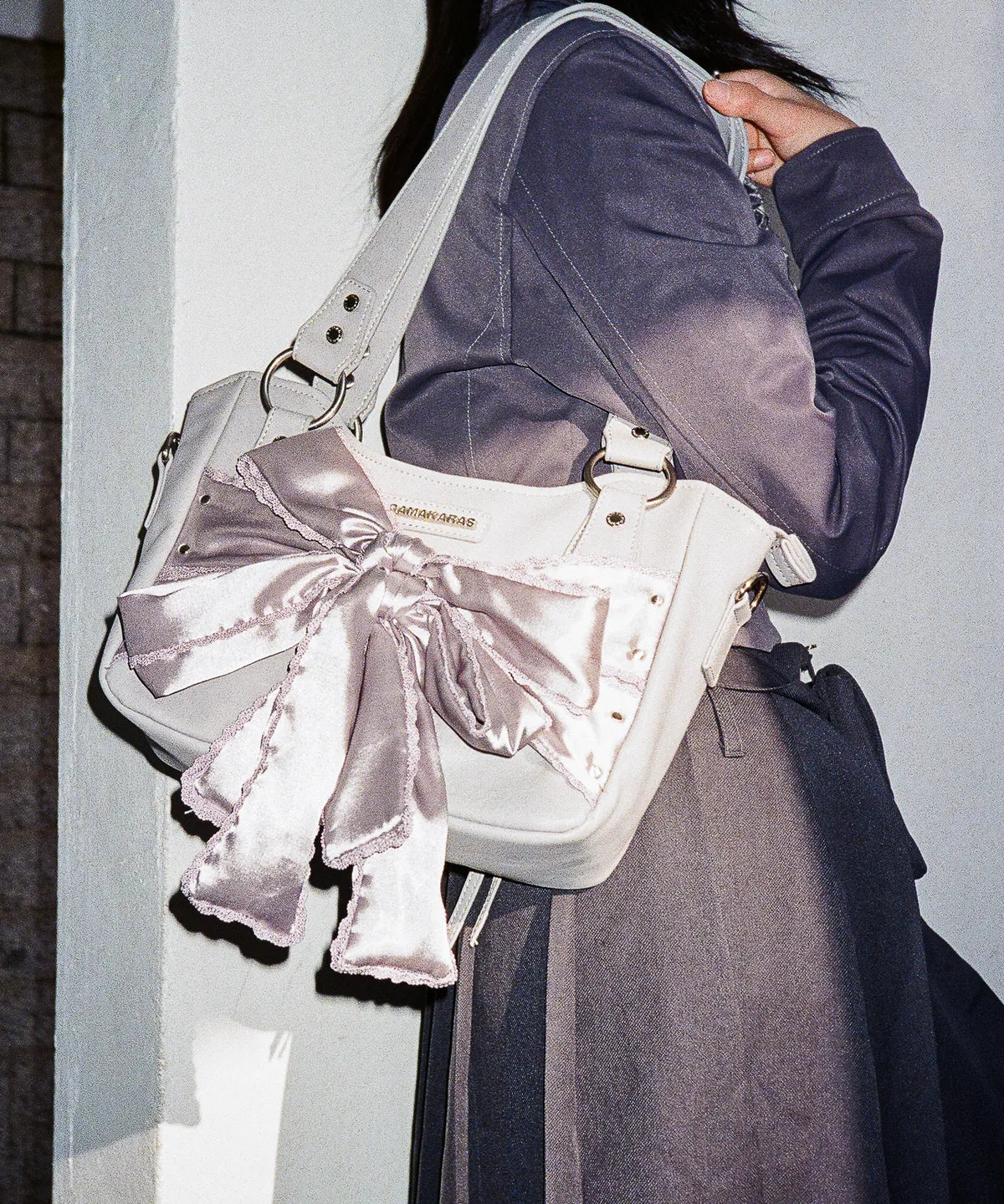 Laced Ribbon Leather Shoulder Bag (Light Purple)