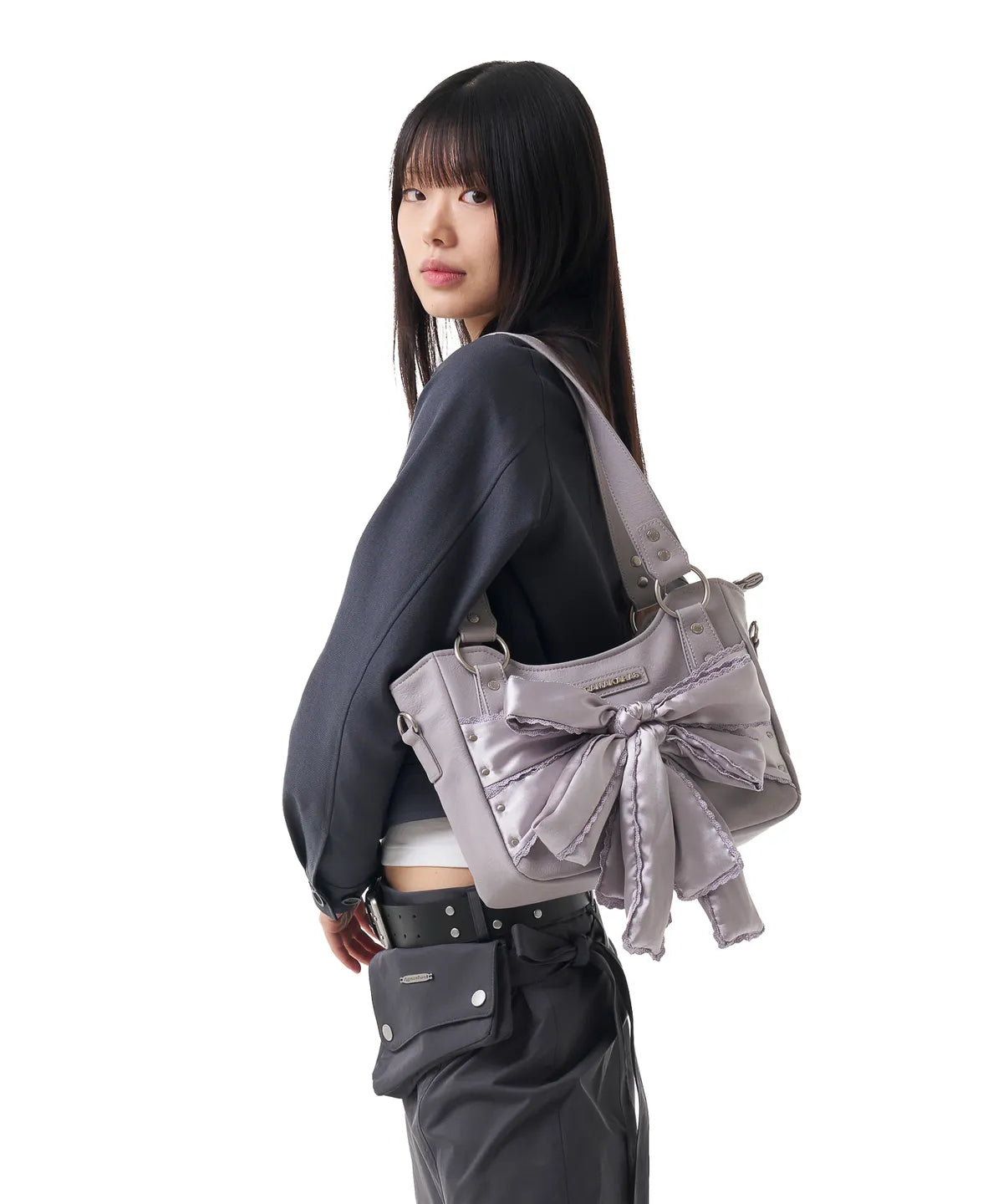 Laced Ribbon Leather Shoulder Bag (Light Purple)
