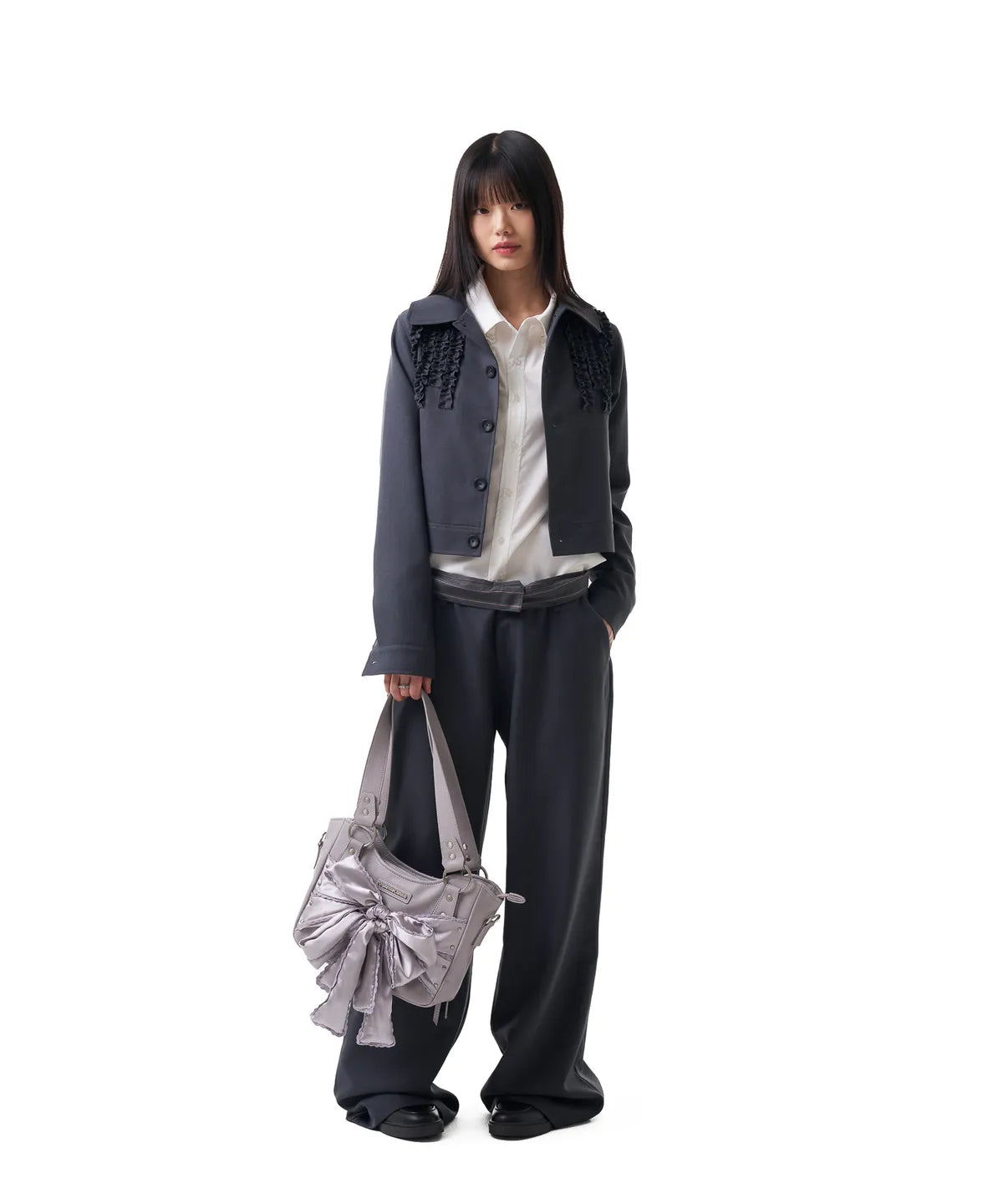 Laced Ribbon Leather Shoulder Bag (Light Purple)