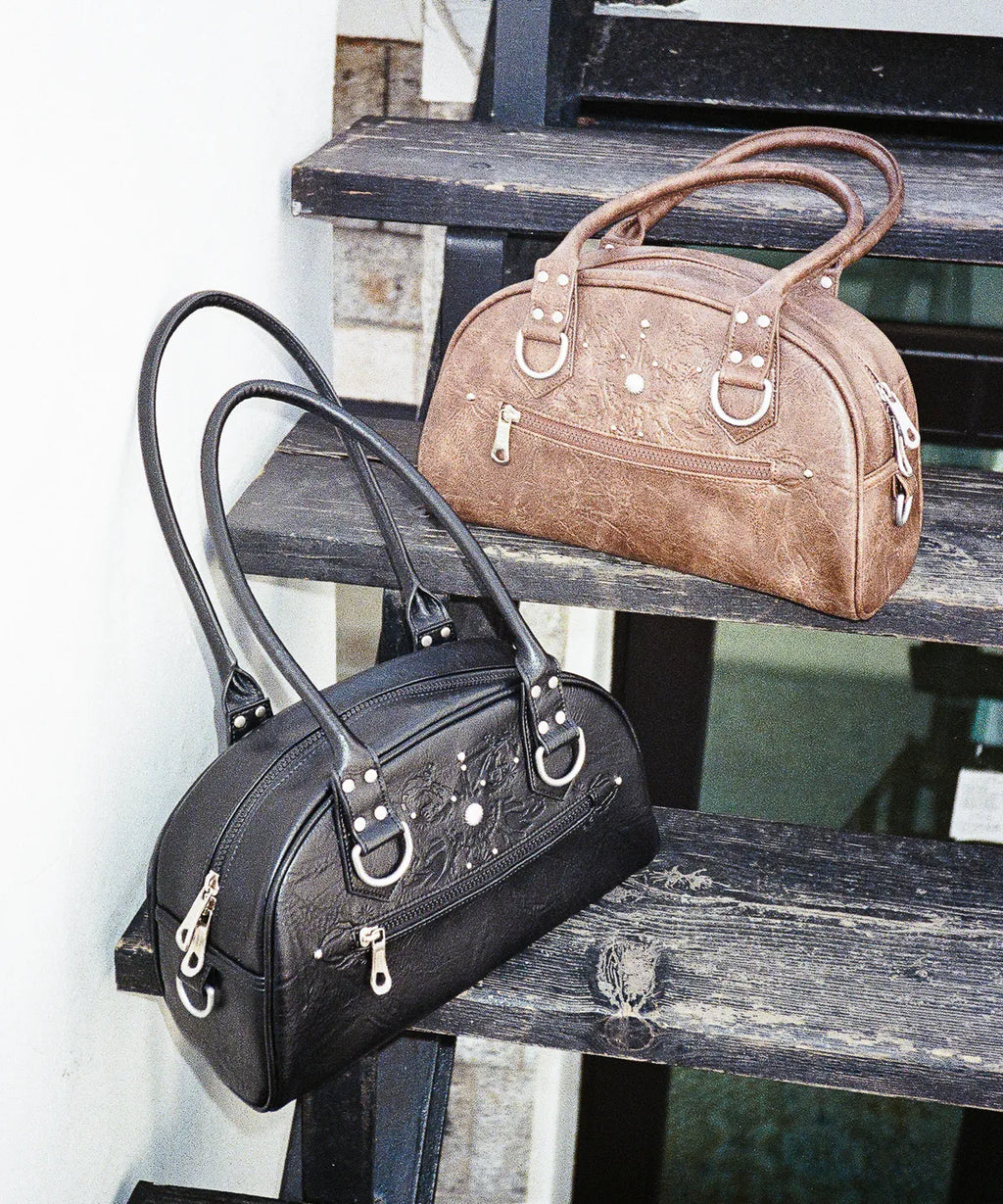 IUGA STUDDED LEATHER BOWLING BAG / BROWN