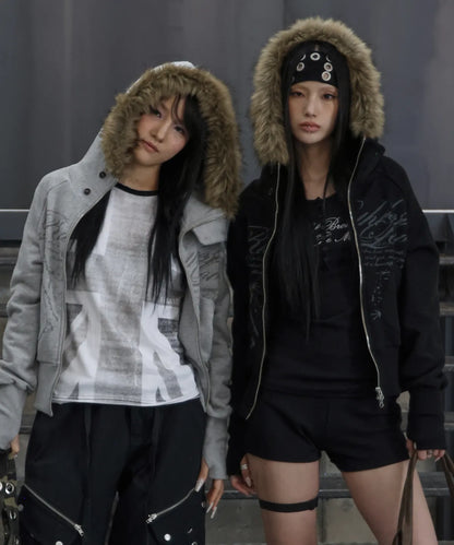 NASTY FANCY RUTHLESS FUR HOODED ZIP-UP (BLACK)